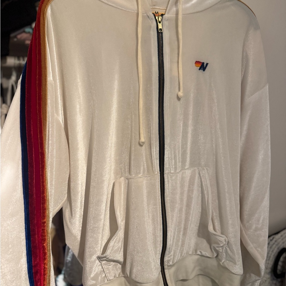 Aviator Nation White Hoodie with Colorful Stripe